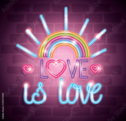 pride day neon light with label love is love vector illustration design