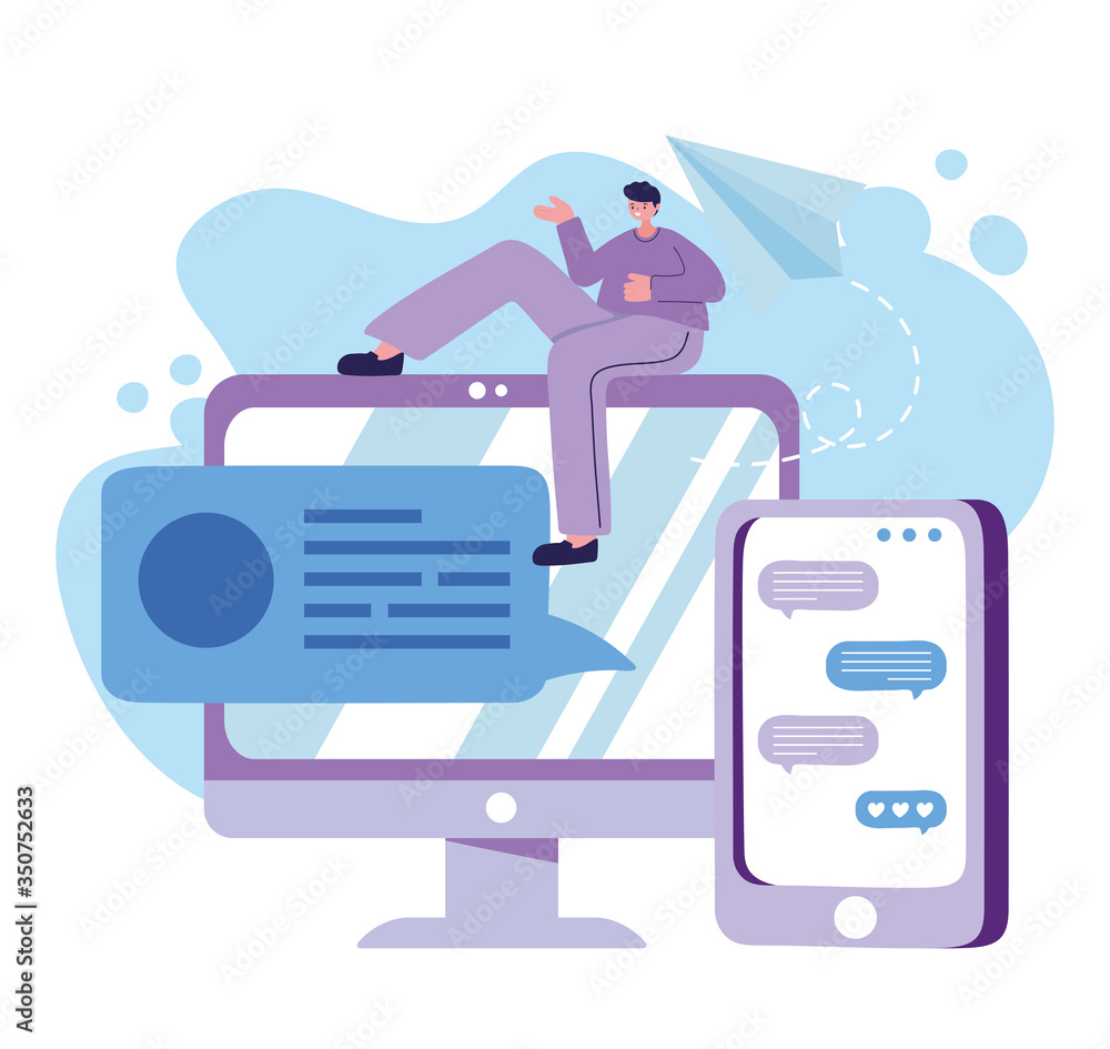 Man with smartphone and computer chatting vector design Man with smartphone and computer chatting vector design