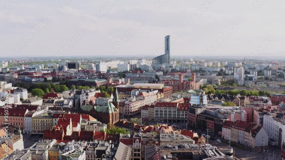 Aerial view of modern european city. Drone shot of Wrocław during sunny day. Panoramic view of a beautiful, big city. Aerial view of modern european city. Drone shot of Wrocław during sunny day. Panoramic view of a beautiful, big city.