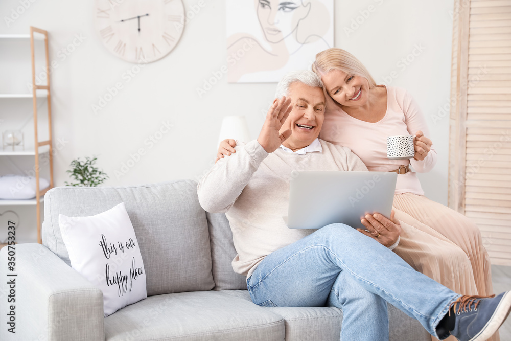 Happy elderly couple with laptop at home Happy elderly couple with laptop at home
