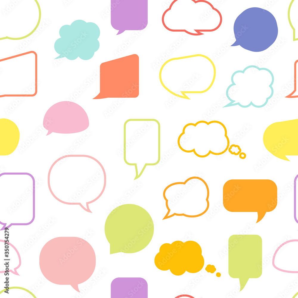 Colored speech soap bubble seamless pattern. Limitless background line, flat cartoon message sign. Funny comics blank icon template. Repeat ornament for paper wrap, fabric, print. Vector illustration Colored speech soap bubble seamless pattern. Limitless background line, flat cartoon message sign. Funny comics blank icon template. Repeat ornament for paper wrap, fabric, print. Vector illustration