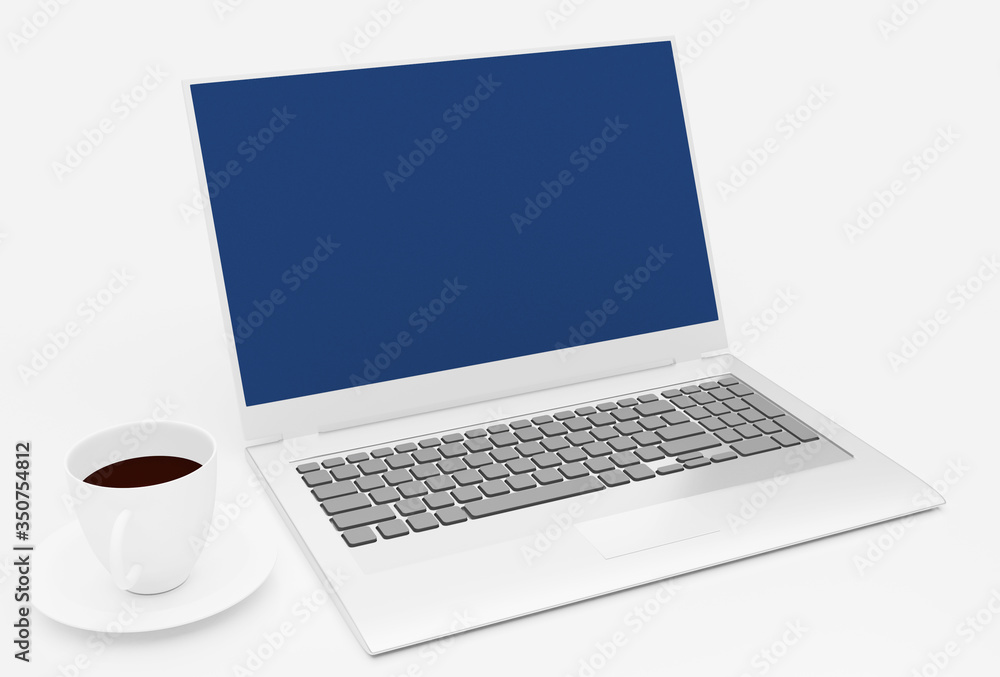 Laptop with a cup of coffee on desk 3d rendering technology wallpaper background Laptop with a cup of coffee on desk 3d rendering technology wallpaper background