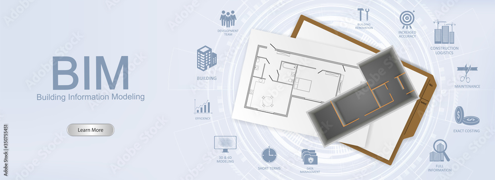 BIM concept. Building information modeling banner with 3d model home and documents with detailed icons in one style with aspects. Industry construction, from start to finish. Vector bim banner BIM concept. Building information modeling banner with 3d model home and documents with detailed icons in one style with aspects. Industry construction, from start to finish. Vector bim banner