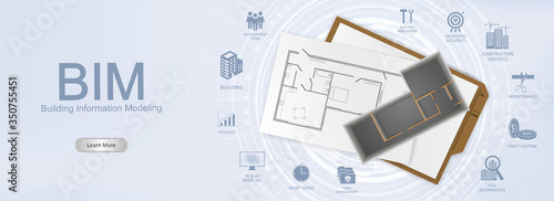 BIM concept.  Building information modeling banner with 3d model home and documents with detailed icons in one style with aspects. Industry construction, from start to finish. Vector bim banner