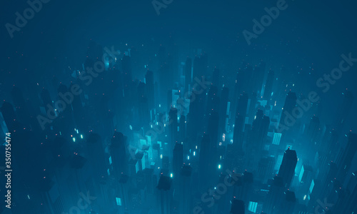 3D Rendering of futuristic virtual sci fi city from top view. Many high sky scrapper building towers. Concept for night life, business vision, technology product 