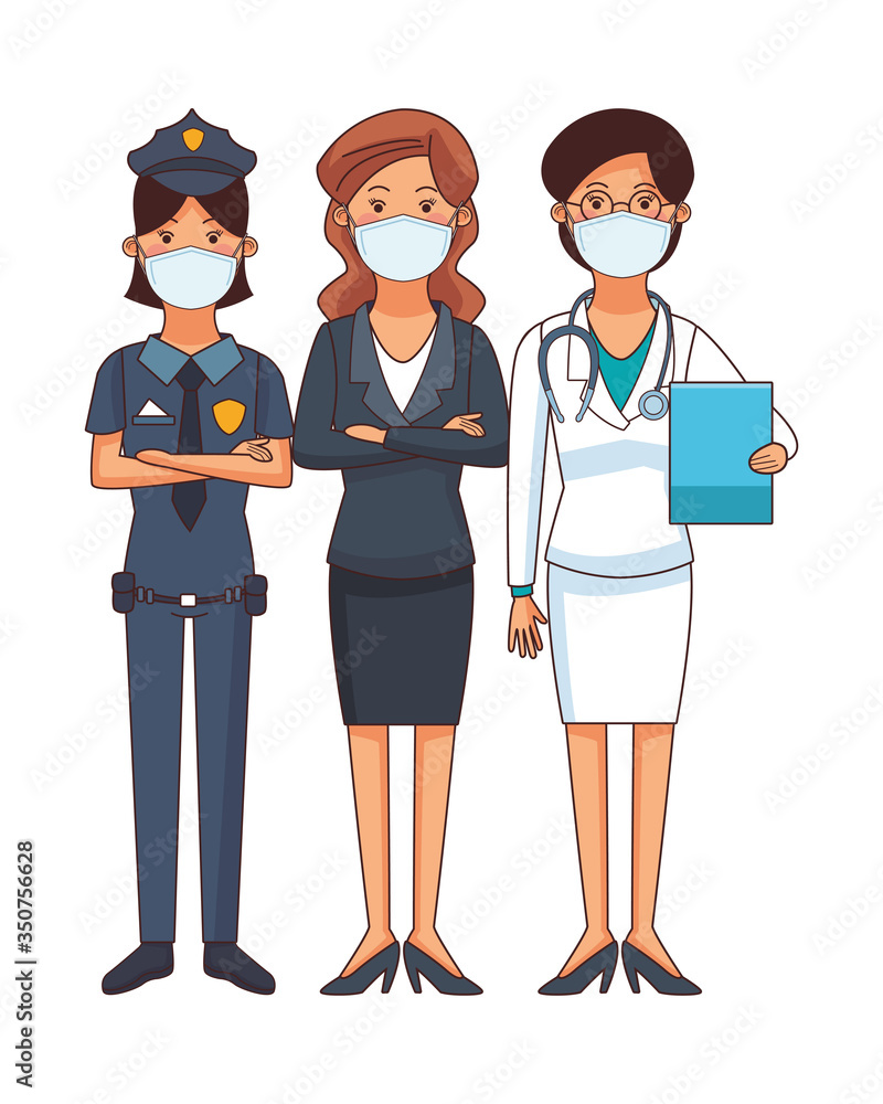 female doctor and police with businesswoman using face mask