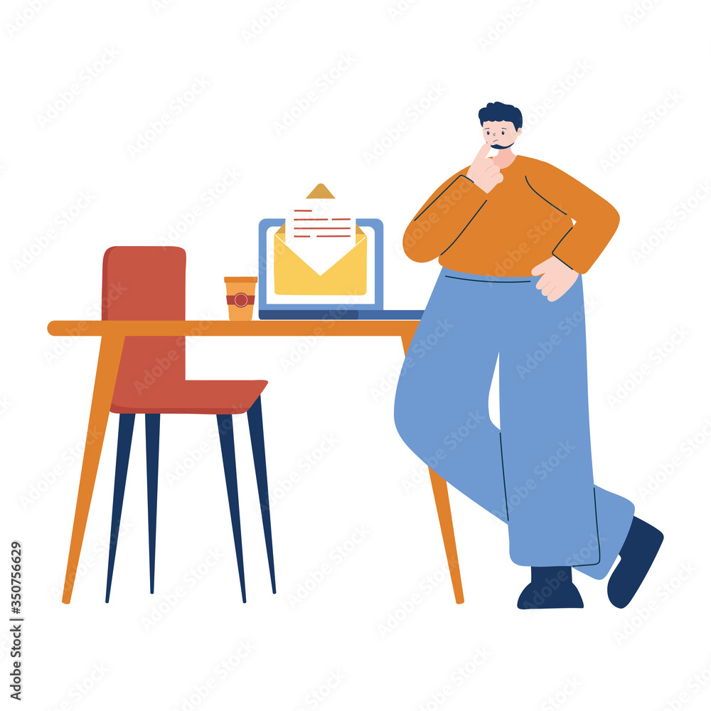 Man with laptop and envelope on desk vector design Man with laptop and envelope on desk vector design