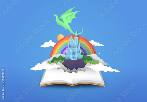 Open book of 3d papercut magic fantasy story photo