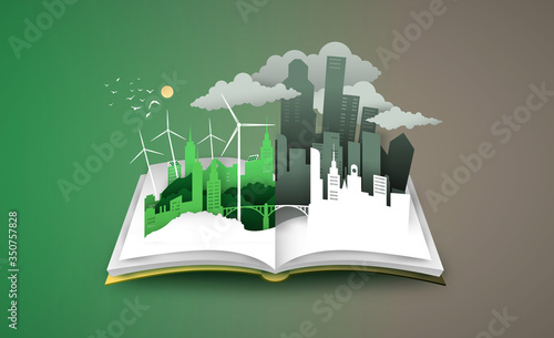 Open book of 3d green dirty city before and after