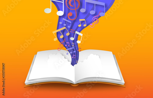 Open book with 3d papercut color music notes