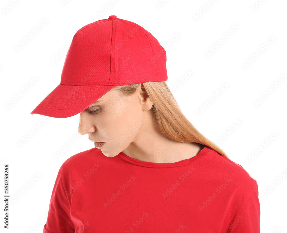 Beautiful young woman in stylish cap on white background Beautiful young woman in stylish cap on white background