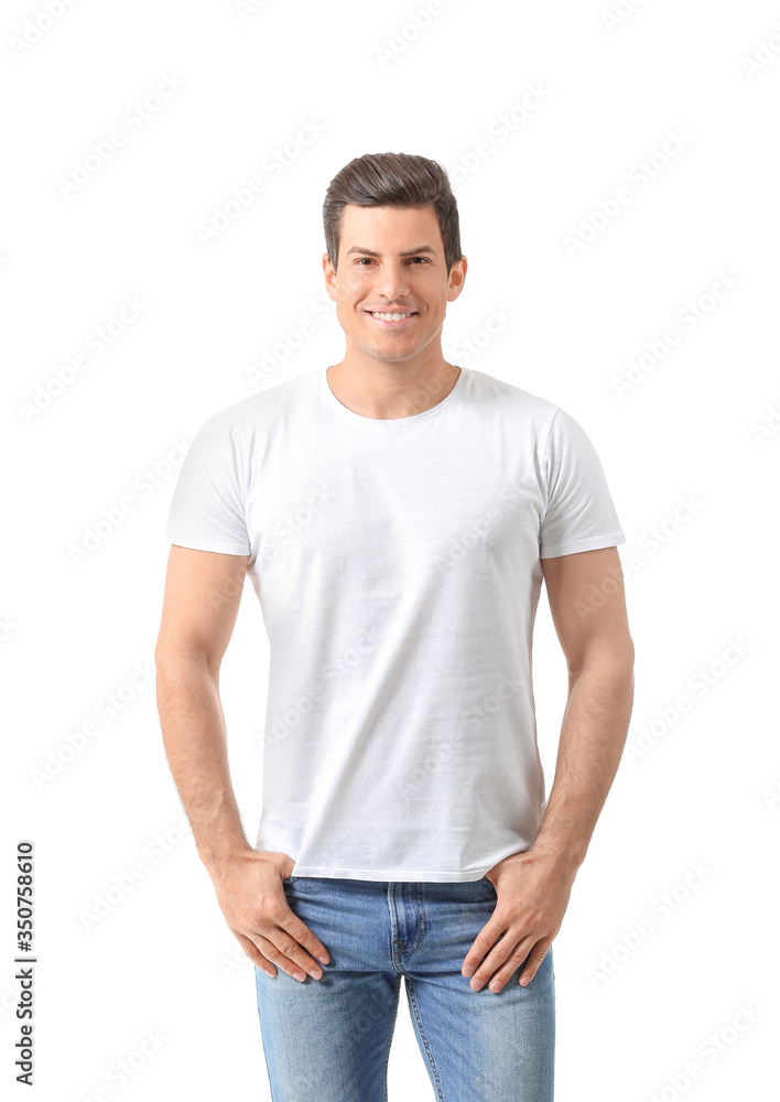 Man in stylish t-shirt on white background Man in stylish t-shirt on white background