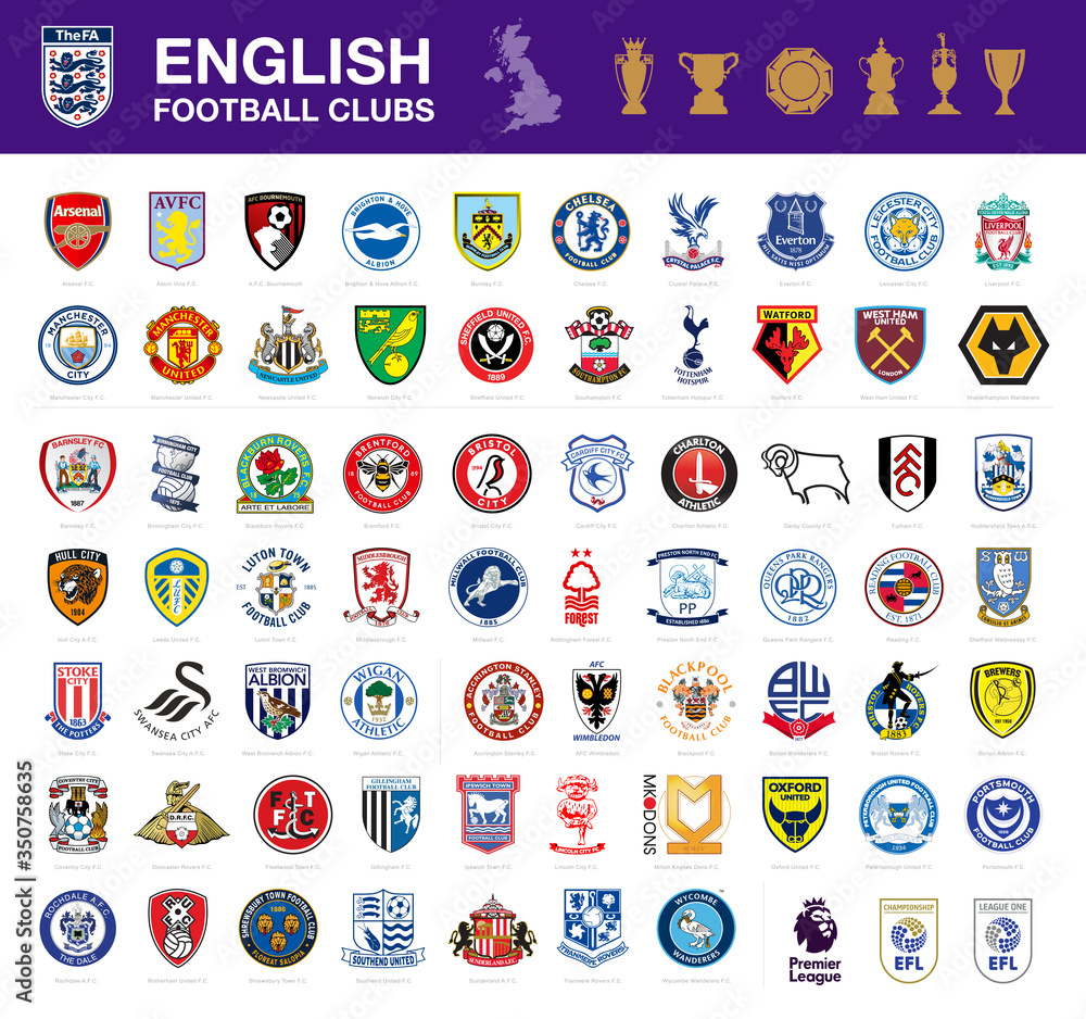 Vector set of 67 English football club's logos including Premier League,  Championship and League One Stock Vector