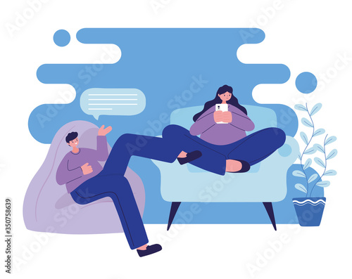 Woman and man on puf and chair with smartphone chatting vector design