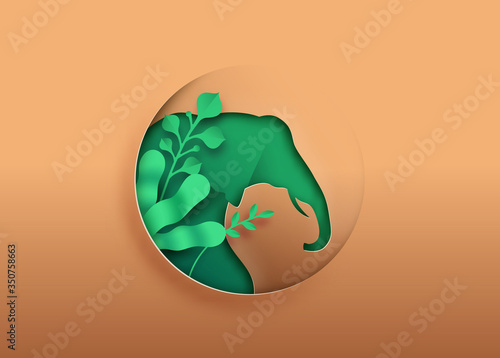 Elephant animal Paper cut with green eco leaf