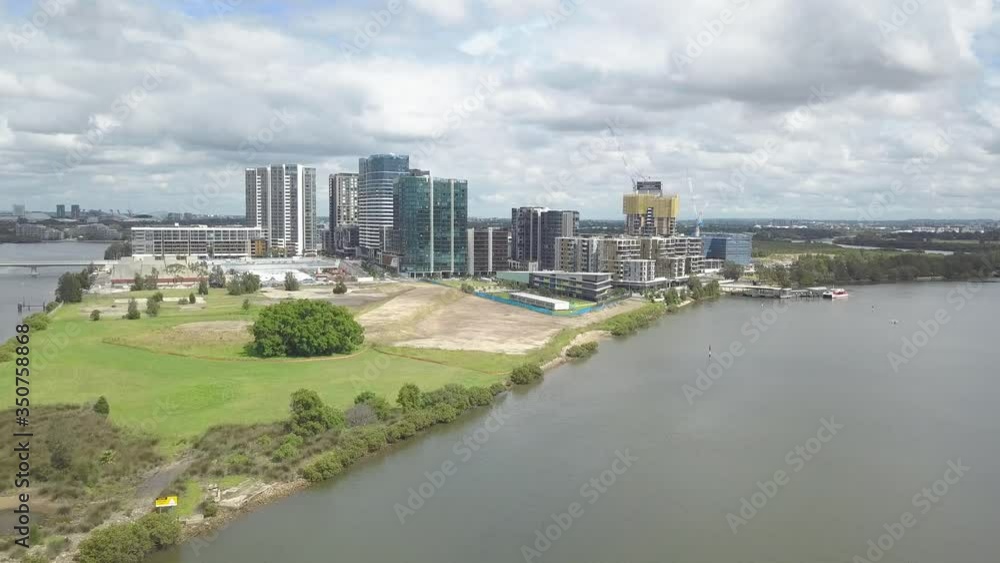 Flight above Parramatta River towards new Appartment Buildings near Homebush Flight above Parramatta River towards new Appartment Buildings near Homebush