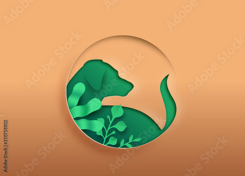 Dog animal Paper cut with green eco leaf