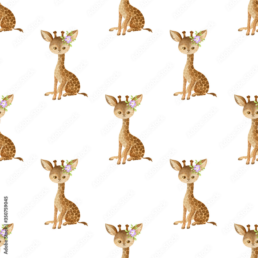 Seamless pattern with cute animals on a white background. Hand painted watercolor illustration.