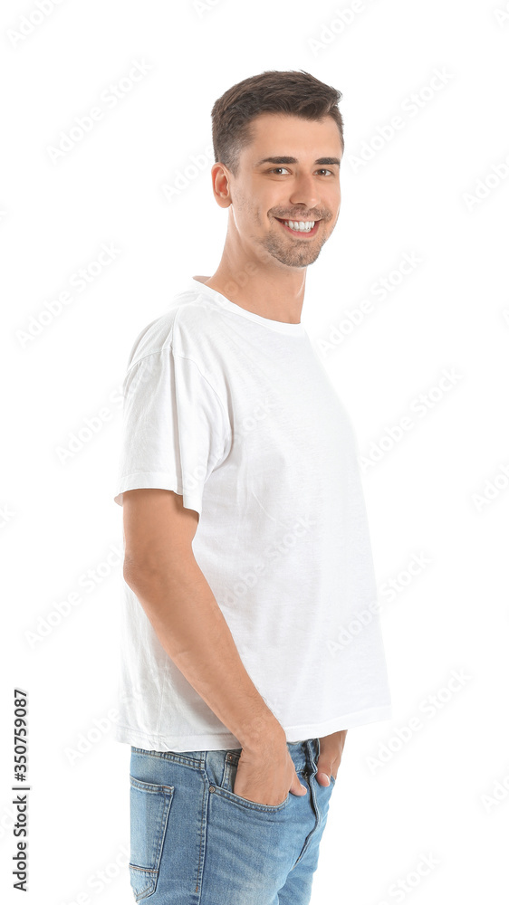 Fototapeta premium Man in stylish t-shirt on white background