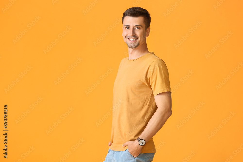 Man in stylish t-shirt on color background Man in stylish t-shirt on color background