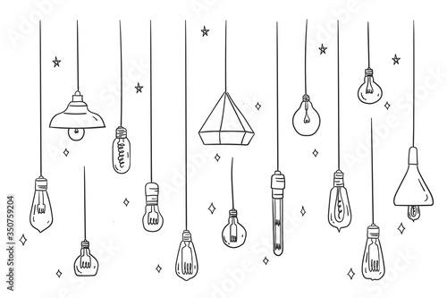 Set of ceiling or hanging light bulb with doodles hand drawn style. different types halogen bulbs set. isolated conceptual vector illustration photo