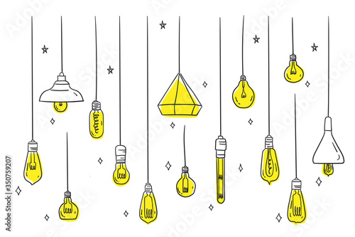 Set of ceiling or hanging light bulb with doodles hand drawn style. different types halogen bulbs set. isolated conceptual vector illustration