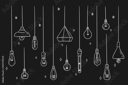 Set of ceiling or hanging light bulb with doodles hand drawn style. different types halogen bulbs set. isolated conceptual vector illustration