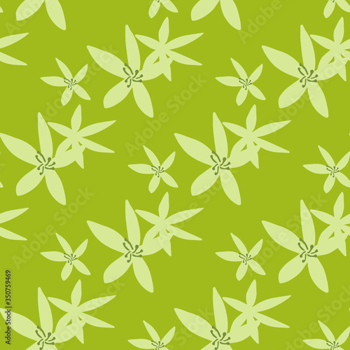 Abstract daffodils flowers seamless pattern on green background. Simple narcissus wallpaper.