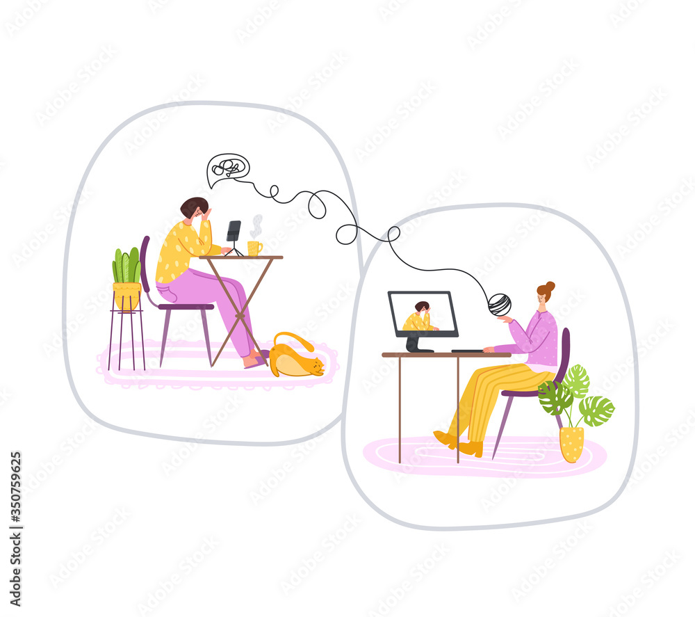 Psychological online services - personal distance support or assistance at home by internet. Upset girl listening to psychologist doctor, individual helpful therapy session or consultation vector Psychological online services - personal distance support or assistance at home by internet. Upset girl listening to psychologist doctor, individual helpful therapy session or consultation vector