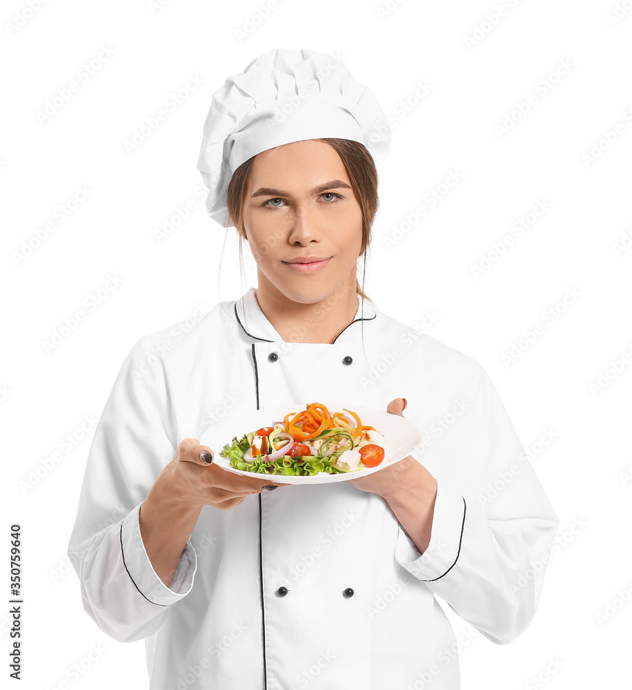 Transgender chef with salad on white background Transgender chef with salad on white background