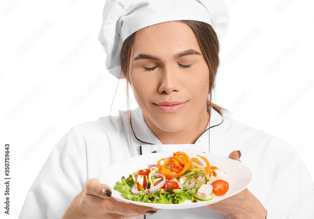 Transgender chef with salad on white background Transgender chef with salad on white background