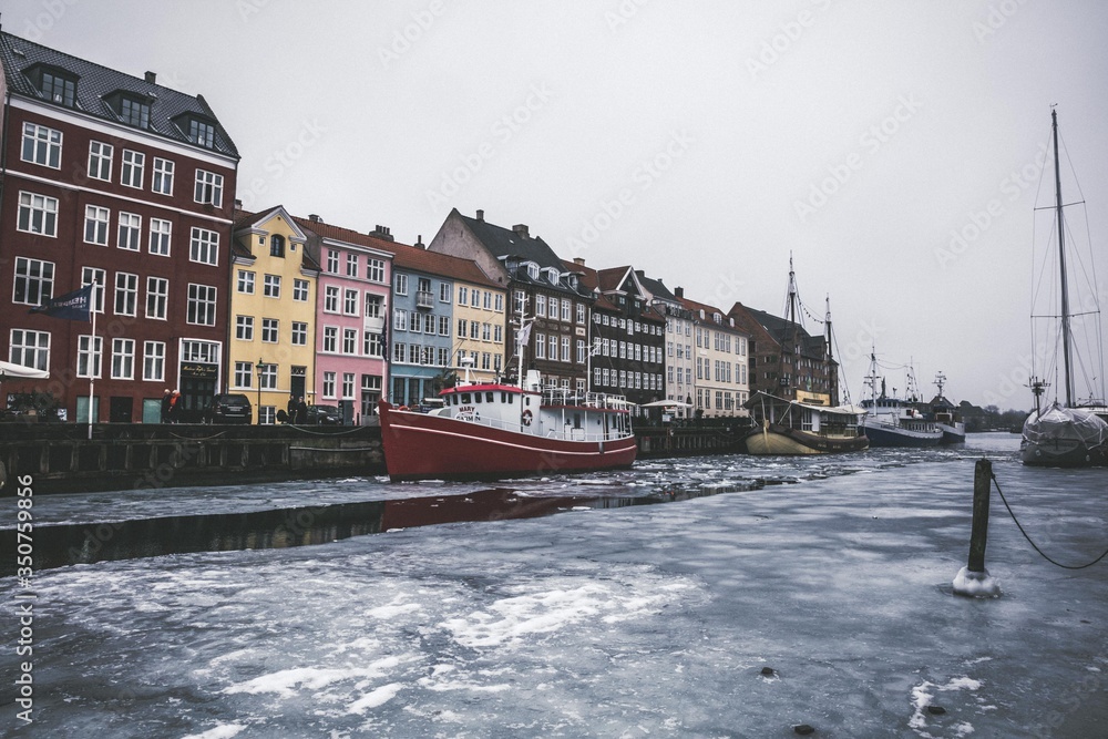 Copenhagen Denmark canals and city during winter
