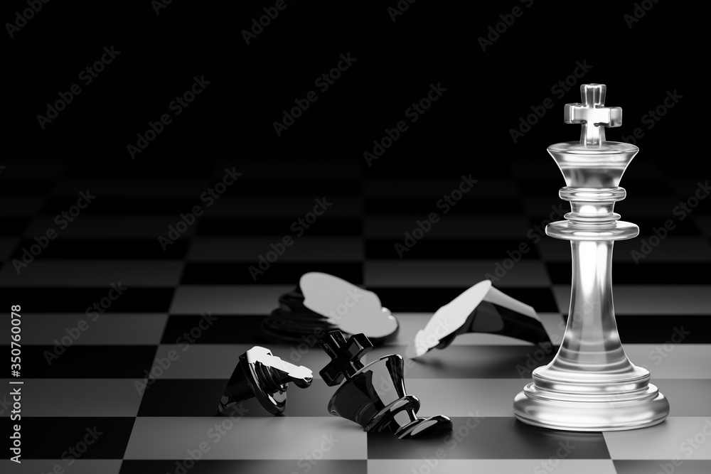 King of clear white chess has made checkmate king of black chess in dark black background. Concept of the strategic planning of leadership for victory in the competition of business games. 3D render. King of clear white chess has made checkmate king of black chess in dark black background. Concept of the strategic planning of leadership for victory in the competition of business games. 3D render.