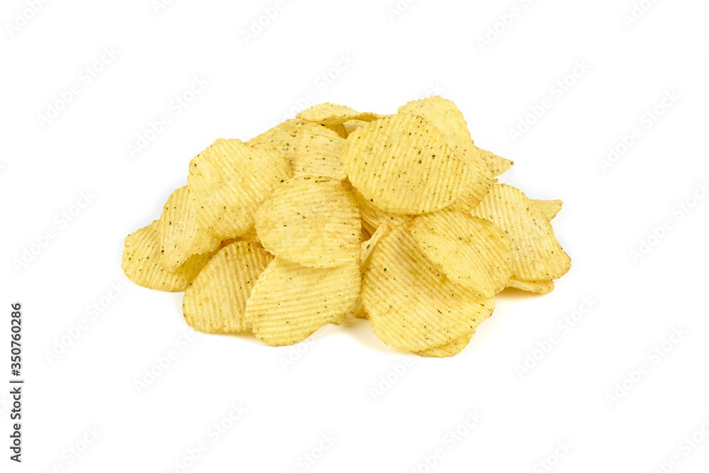 pile of yellow crispy ribbed potato chips isolated on white background pile of yellow crispy ribbed potato chips isolated on white background