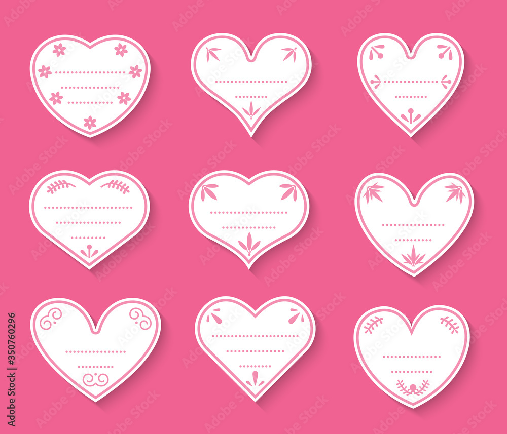 Hearts paper cut vintage labels set. Sign of Valentines day for price tags, sticker about love. Different shape empty template with decorative elements, dots for text box. Isolated vector illustration