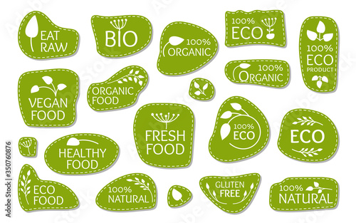 Eco green logo label with leaves. Emblem for organic natural product, bio, gluten free, eat raw. Patch sign for vegan fresh, healthy food. Sticker for badge, tag packaging Isolated vector illustration