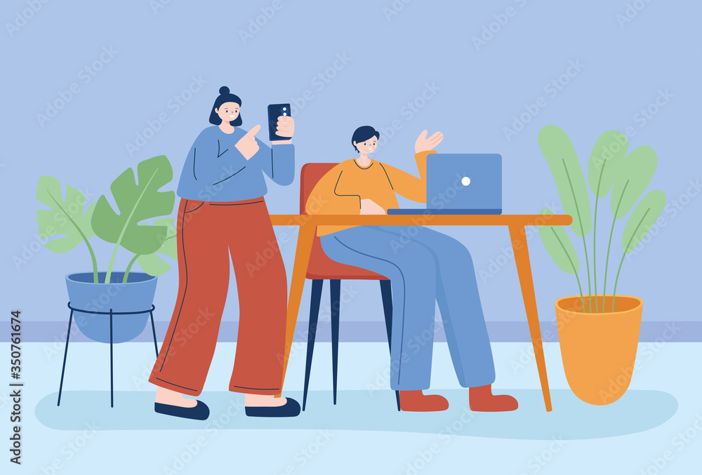 Woman and man with smartphone and laptop on desk vector design