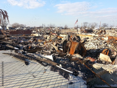 Hurricane devastation of homes and buildings after Hurricane Sandy a natural disaster which left communities in rubble and ruin