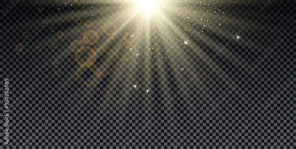 Golden burst with sparkle rays and lens flare effect. Glowing stars. Golden glitter bokeh lights and burst of magical dust particles. Vector illustration.
