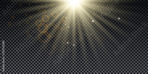 Golden burst with sparkle rays and lens flare effect. Glowing stars. Golden glitter bokeh lights and burst of magical dust particles. Vector illustration.