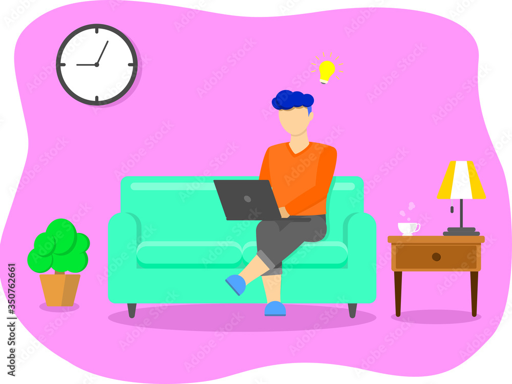 Work from home, Home office concept. Man siting on sofa and working on laptop.