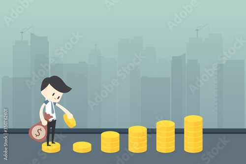 A businessman or a male investor standing on a pile of money For financial planning To invest in order to be successful in business and finance. Concept and big city background