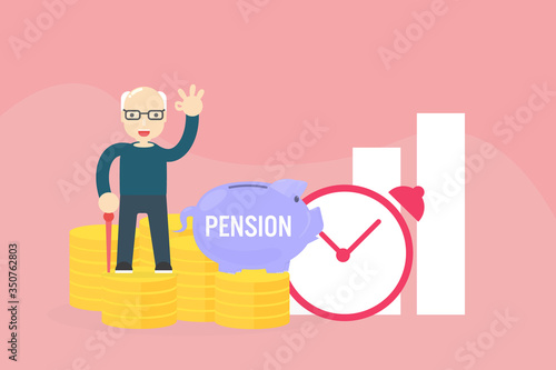 Pension savings and planning concept illustration with Old man And saving money in piggy for investment of the elderly in case of daily expenses during retirement from work and medical expenses