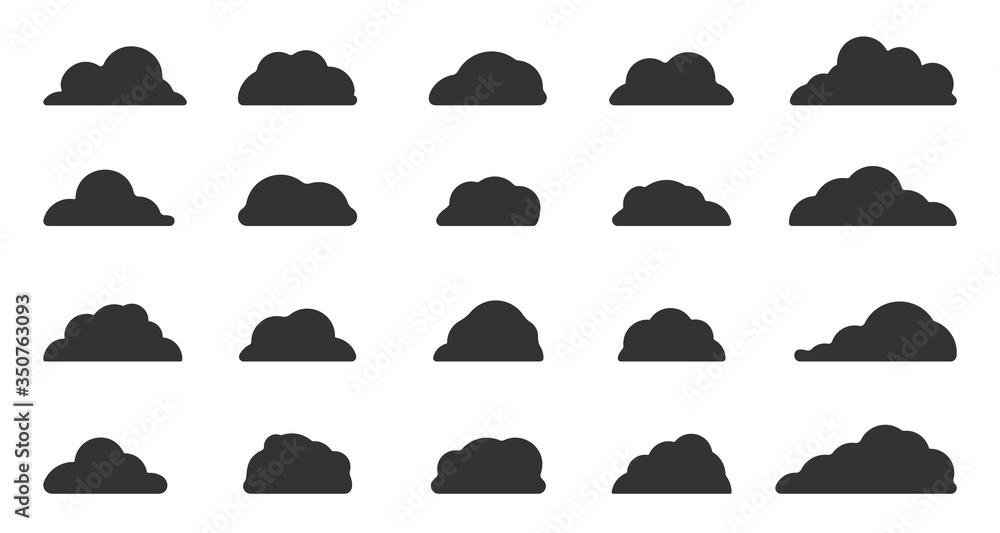 Black abstract clouds set. Weather icon different shape cloud. Empty speech bubbles, glyph sign balloon template for text. Silhouette web cloudy service symbol. Isolated on white vector illustration Black abstract clouds set. Weather icon different shape cloud. Empty speech bubbles, glyph sign balloon template for text. Silhouette web cloudy service symbol. Isolated on white vector illustration