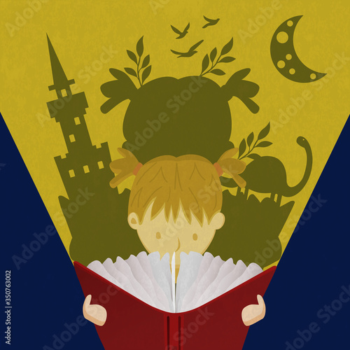 Little girl child reading fairy tale book concept