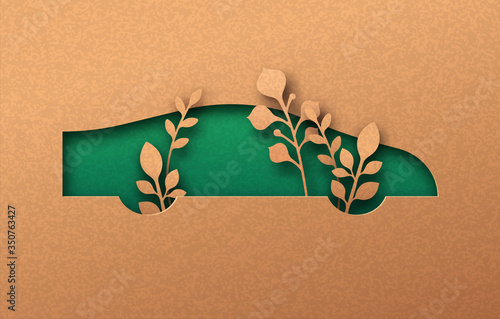 Green electric car paper cut eco friendly concept