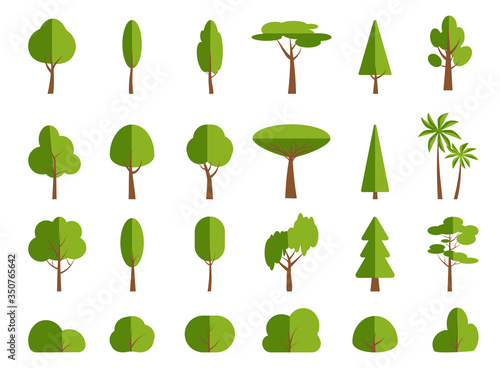 Green flat tree and bush, cartoon icon set. Different shape spring forest, park, garden, birch, fir, palm, symbol. Summer season eco organic plant, simple sign. Isolated on white vector illustration