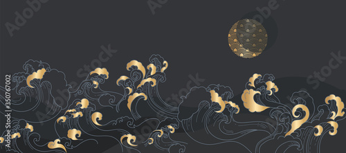 vector illustration of an abstract background Japanese  golden wave in dark night with half moon 