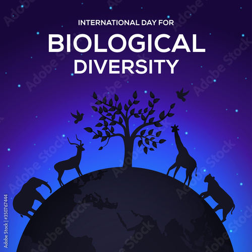 earth tree and animal in the shadow and dark blue sky vector concept for international day for biological diversity