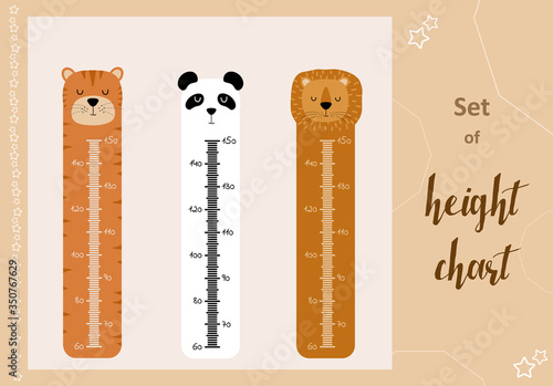 Kids space height chart. Cute wall meter with funny animals. Vector template. Cartoon zoo. Design of children's products in scandinavian style.